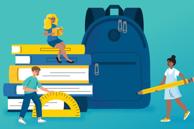 Illustration of children with school supplies, including books, a backpack, a protractor, and a large pencil.