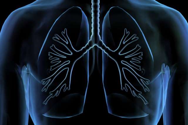 A blue, glowing medical illustration of a human torso showing the outline of the lungs and the bronchial tree against a dark background.