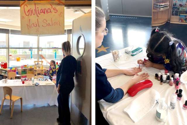  A side-by-side photo shows Giuliana giving a manicure. The left photo shows the salon setup, and the right shows her painting someone's nails.
