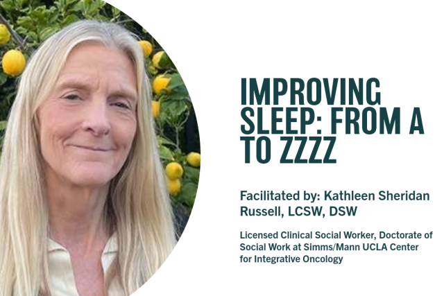 A smiling Kathleen Sheridan Russell with long blonde hair is on the left. The text on the right reads "Improving Sleep: From A to Zzzz." 