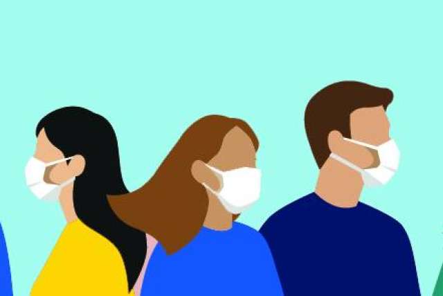 Five diverse people wearing masks, facing different directions, against a light background.