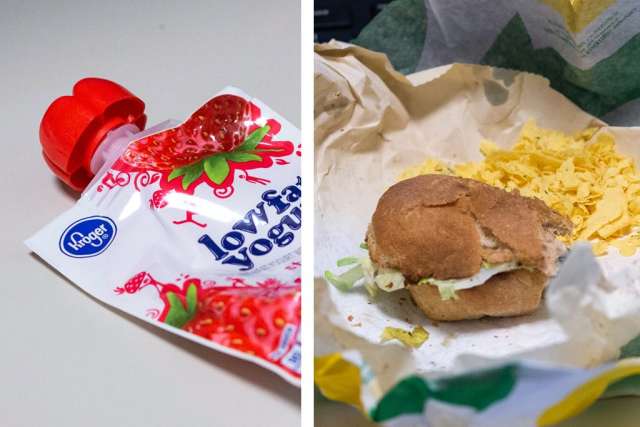 side-by-side images of food. On the left, yogurt in a bag. On the right, a half eaten sandwich with chips