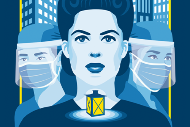 A dark blue graphic showing a nurse in a classic uniform holding a lantern. Two modern nurses wearing masks and face shields are behind her.