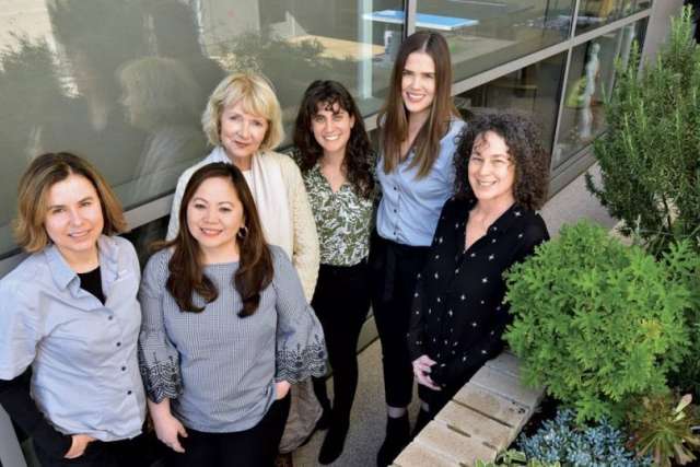 (From left) Occupational therapist Nancy Wicks, Resnick Magnet program manager Leilanie Ayala, UCLA School of Nursing associate professor Dr. Huibrie Pieters, former Resnick social worker Ariel Schneider, and occupational therapists Susie Clinton and Aimee Levine-Dickman