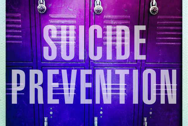 The words suicide and prevention are shown with school lockers in the background.