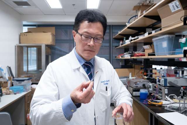 Researcher in white lab coat holding a small tube in a laboratory