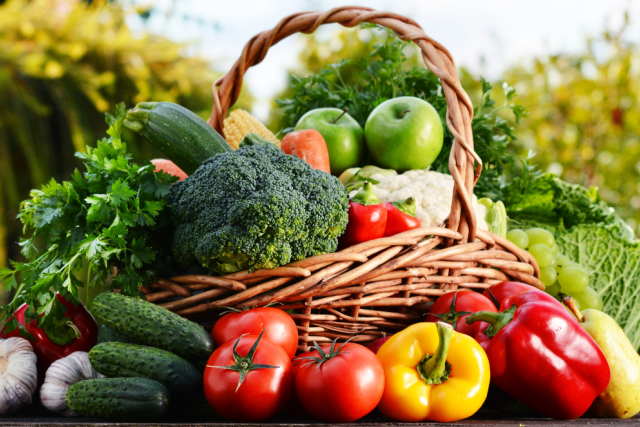 Basket of fresh vegetables including broccoli, tomatoes, and bell peppers in an outdoor garden setting.