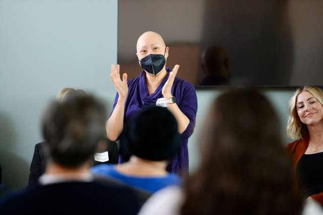 Dr. Catherine Goh, a UCLA Health dermatologist who specializes in alopecia, speaks during the recent hair clinic.