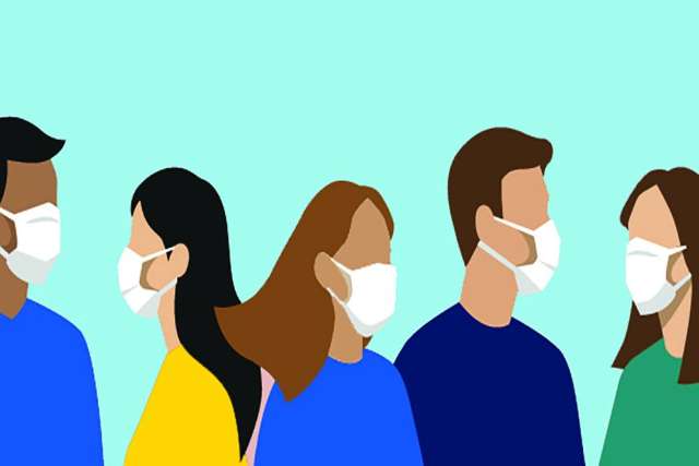 Five diverse individuals wearing face masks against a light blue background.