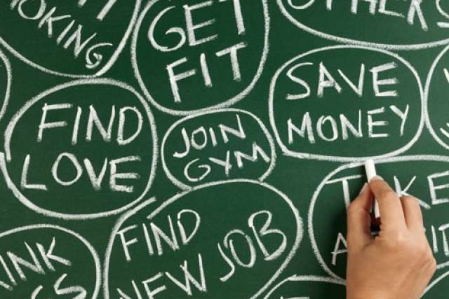 Hand writing goals like “Get Fit,” “Save Money,” and “Find Love” in chalk on a green board with multiple circles.