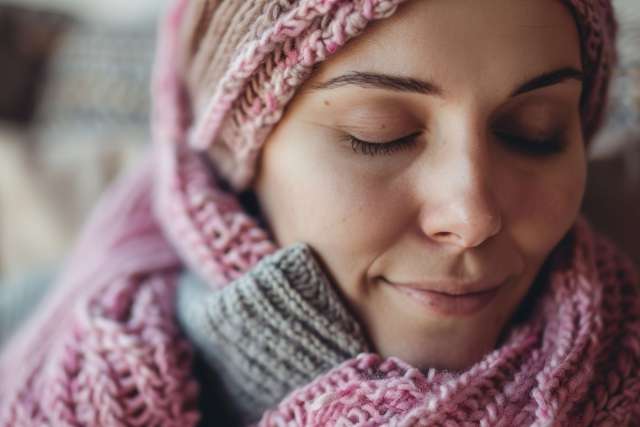 Woman in knitted scarf looking hopeful and cozy