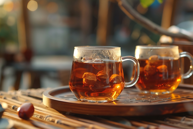Two glass mugs of amber tea on a wooden tray on a table