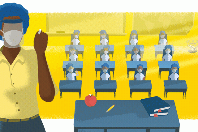 a graphic of a female teacher with a mask teaching a classroom of students