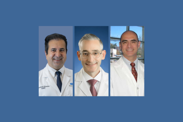 Three doctors' headshots in white coats against a blue background.