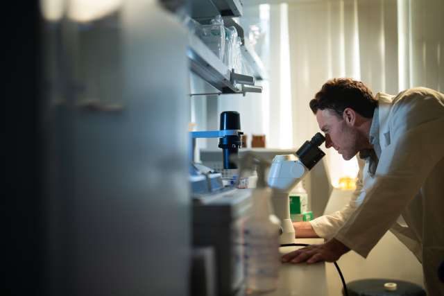 David Nathanson, PhD, looking in a microscope. 