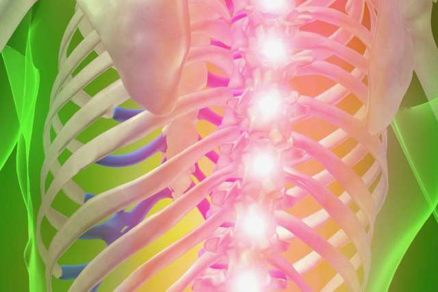 Detailed illustration of the human spine with glowing vertebrae.