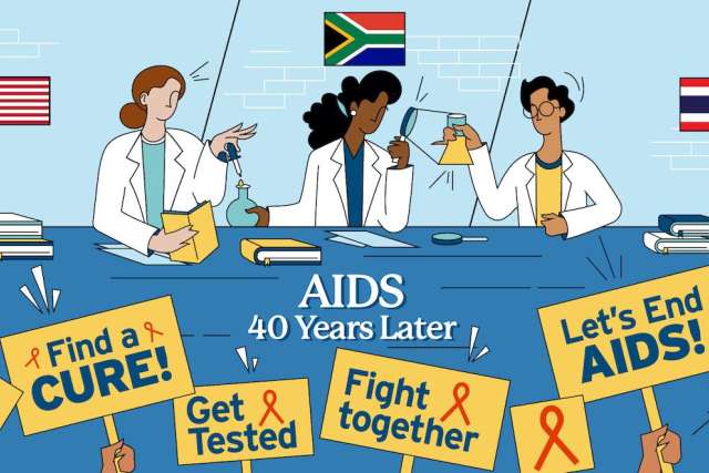 An illustration of scientists with flags of the U.S., South Africa, and Thailand. People hold signs for "Find a CURE!", and "Let's End AIDS!".