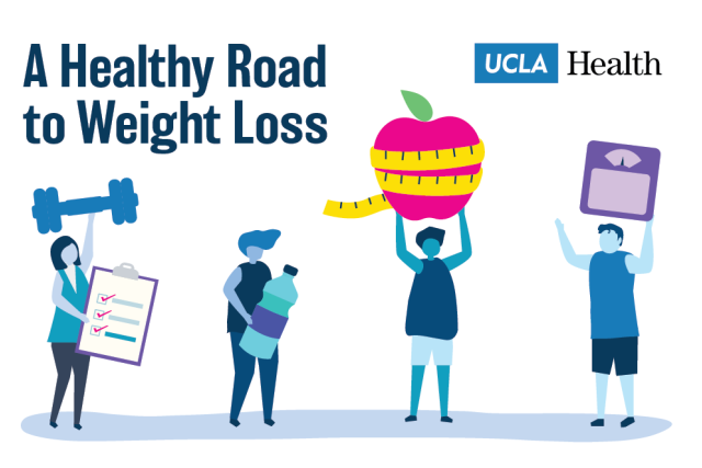Healthy Road to Weight Loss banner with four figures holding fitness and health icons and UCLA Health logo