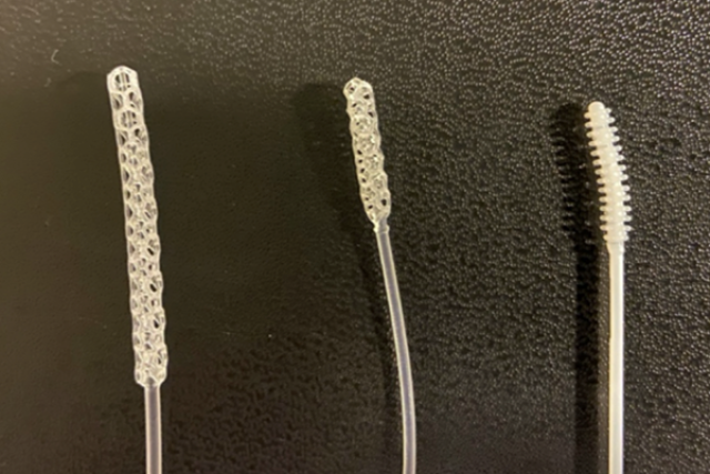 Two types of 3D-printed nasopharyngeal swabs developed by UCLA Biodesign to address COVID-19 testing supply shortages.