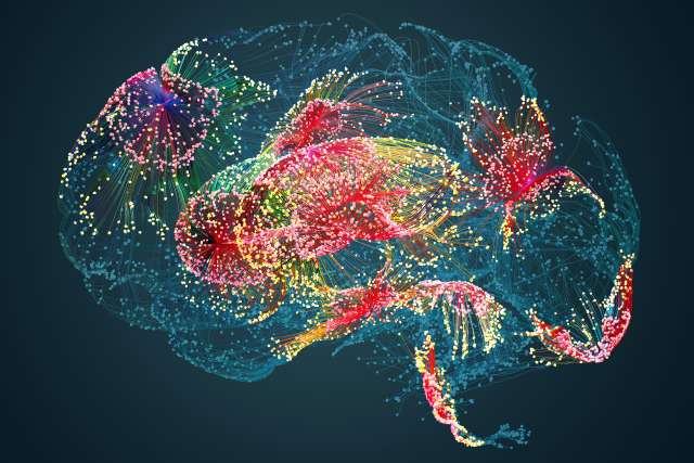 Glowing multicolor neural-network illustration of a human brain on dark background