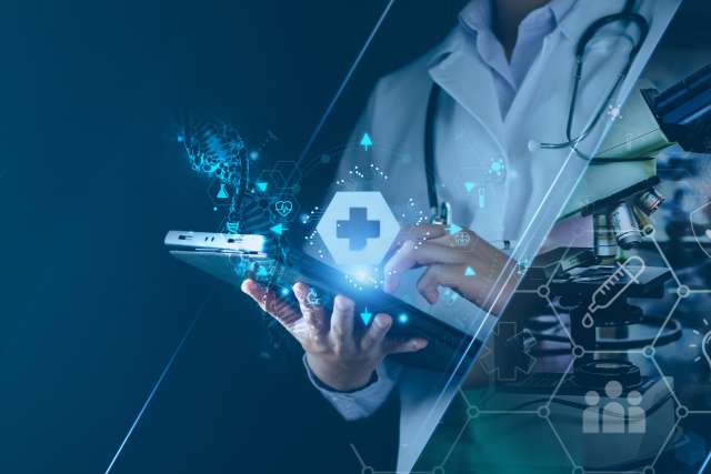 Doctor holding tablet with floating medical icons and hexagonal network overlay