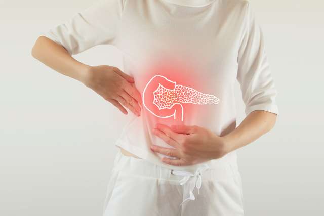 Digital composite of highlighted red pancreas of woman