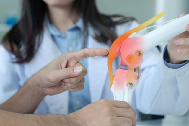 Doctor explain knee pain with model to patient