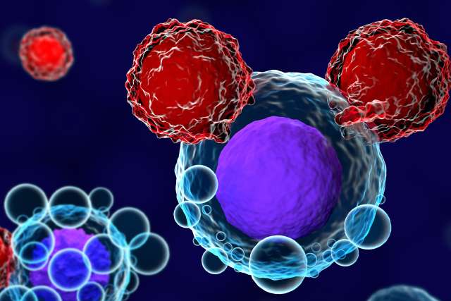 3d render of T cells attacking and killing cancer cells