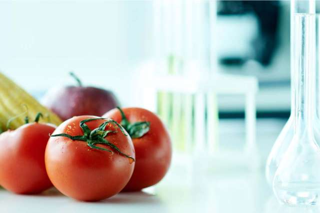 Assortment of fruits and glass beakers side by side on table
