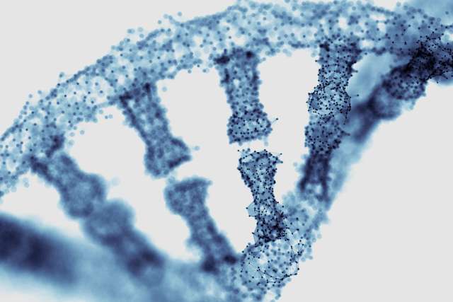 Close-up illustration of a blue DNA double helix strand.