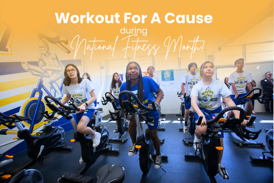 Students cycling on exercise bikes with a banner header that reads, “Workout For A Cause during National Fitness Month!” promoting fitness. 