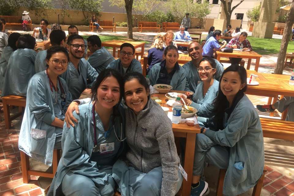 Medical Students having lunch outside.