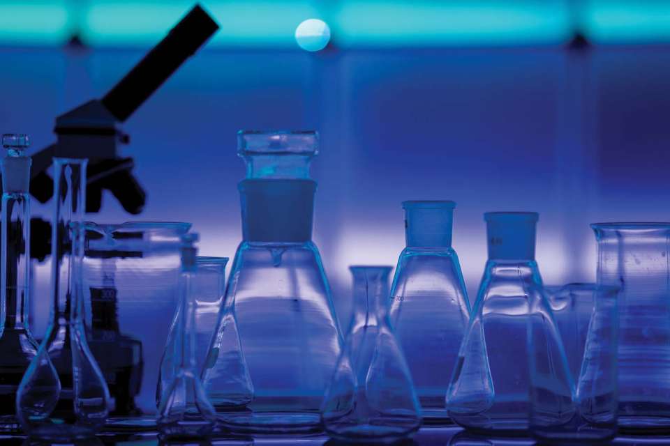 Beakers in lab