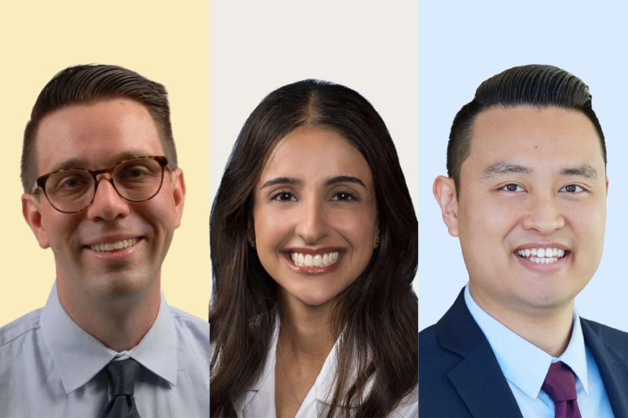 Three smiling professionals in headshots wearing business attire
