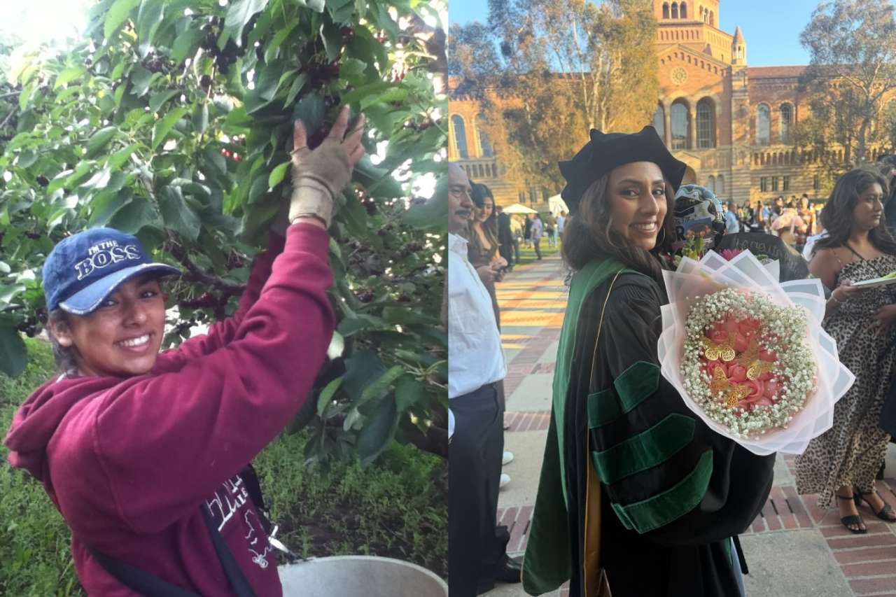 A split image with the left side showing Denise Jimenez-Tapia picking cherries and the right side showing her in graduating medical school.