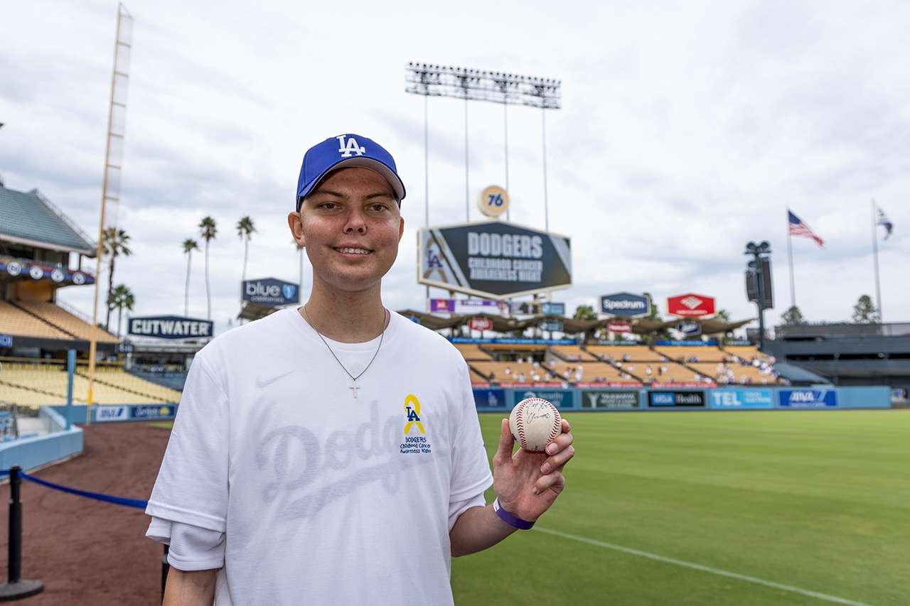 Young patient with cancer on the field at Dodger Stadium
