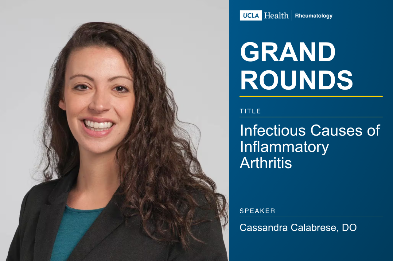 Flyer featuring a portrait of Dr. Cassandra Calabrese and the title of her Grand Rounds presentation.
