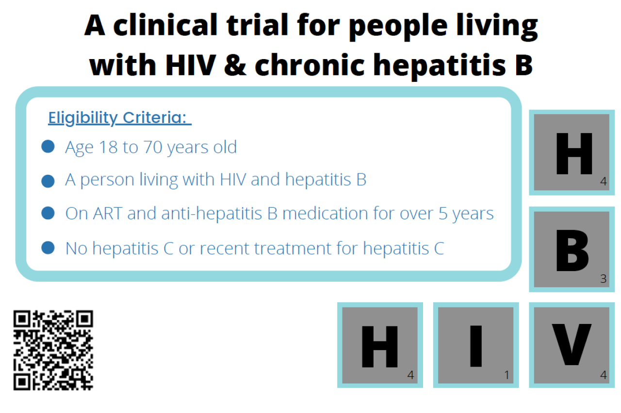 The back side of a flyer for a research study titled, "A5394." The following text is displayed on the flyer: A clinical trial for people living with HIV & chronic hepatitis B. Eligibility Criteria: 1.) A person living with HIV and hepatitis B 2.) On ART and anti-hepatitis B medication for over 5 years 3.) No hepatitis C or recent treatment for hepatitis C