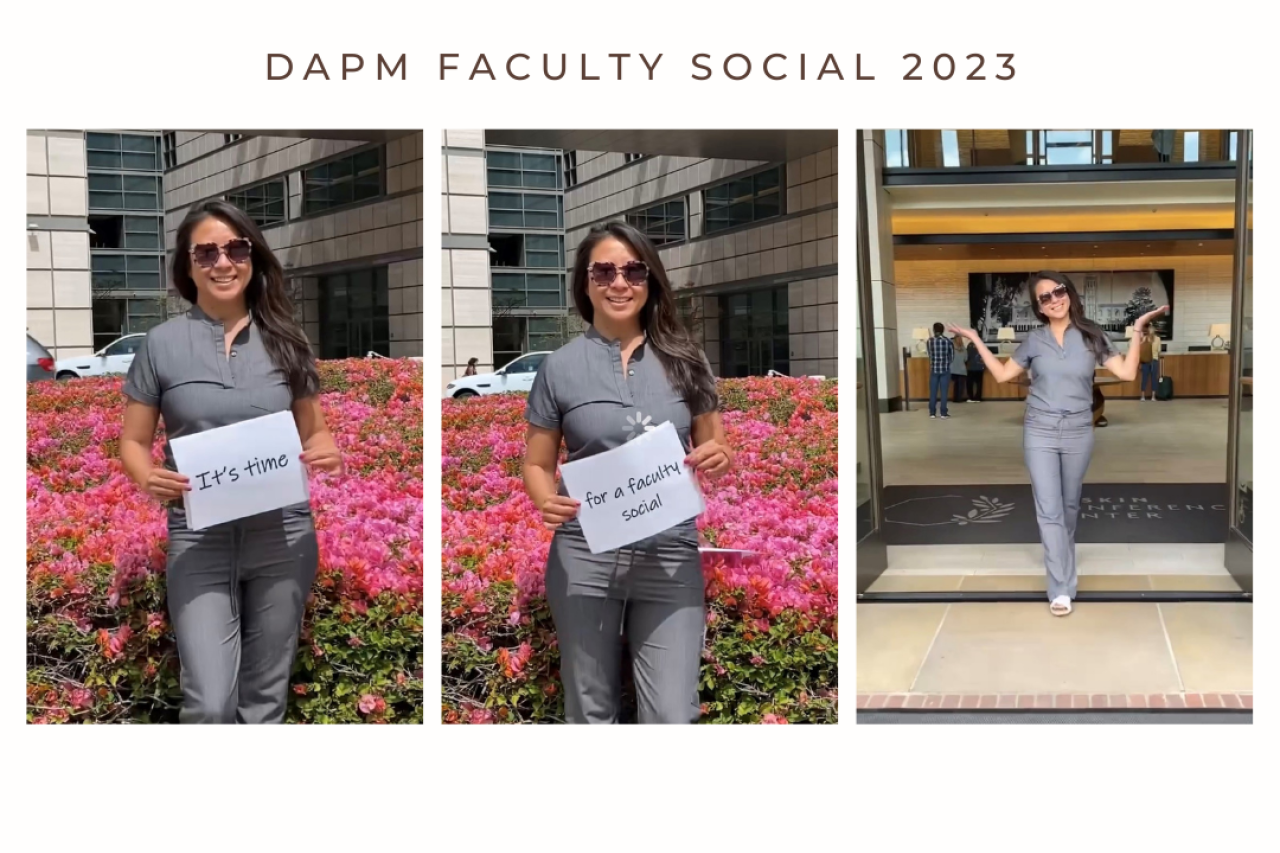 Dr. Myo Bui at a Dapm Faculty Social 2023, holding signs that say, "It's time for a faculty social."