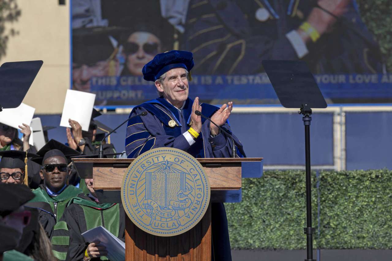 UCLA Chancellor Julio Frenk speaks during his commencement speech at the School of Medicine graduation on May 30.