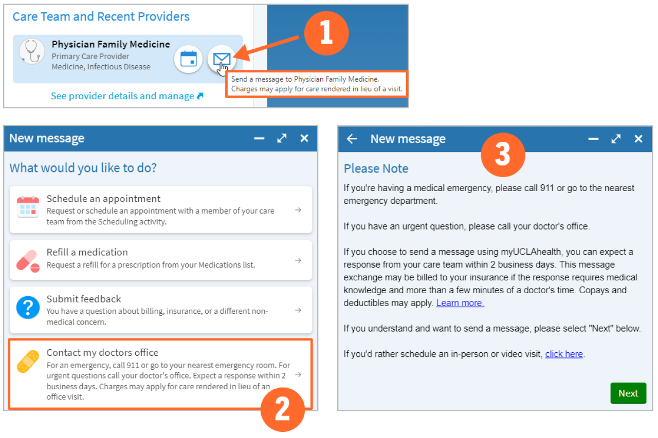 A screenshot showing a step by step on how to message your provider using myUCLAHealth.
