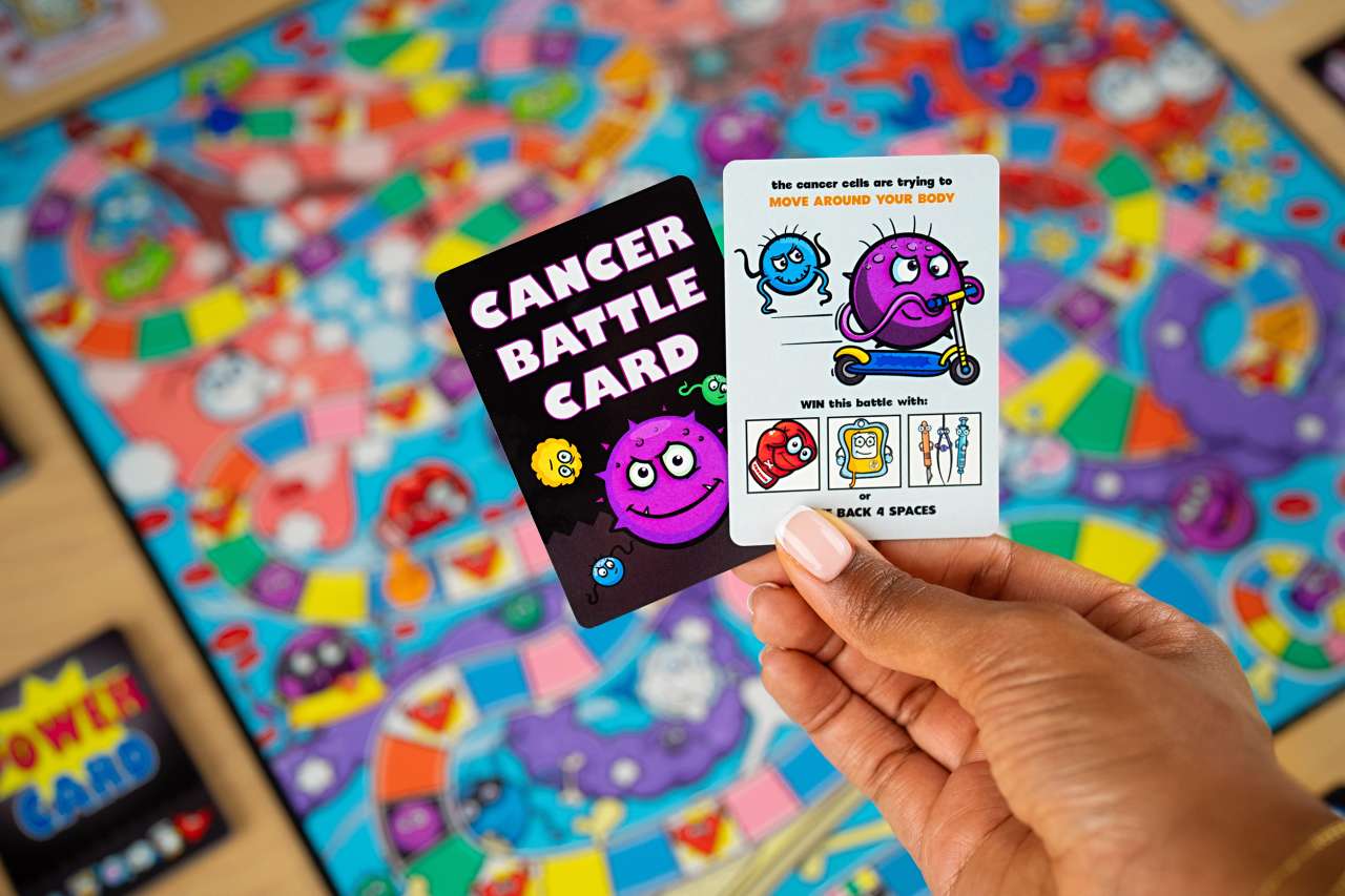 The Cancer Crusher board game has battle card depicting an issue patients may face.
