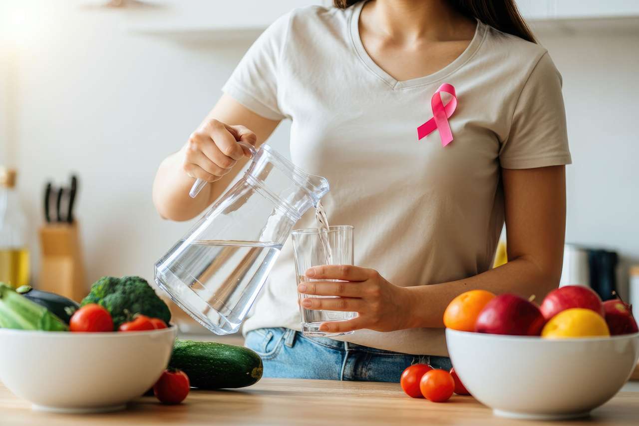 Woman with cancer awareness ribbon pouring water into glass