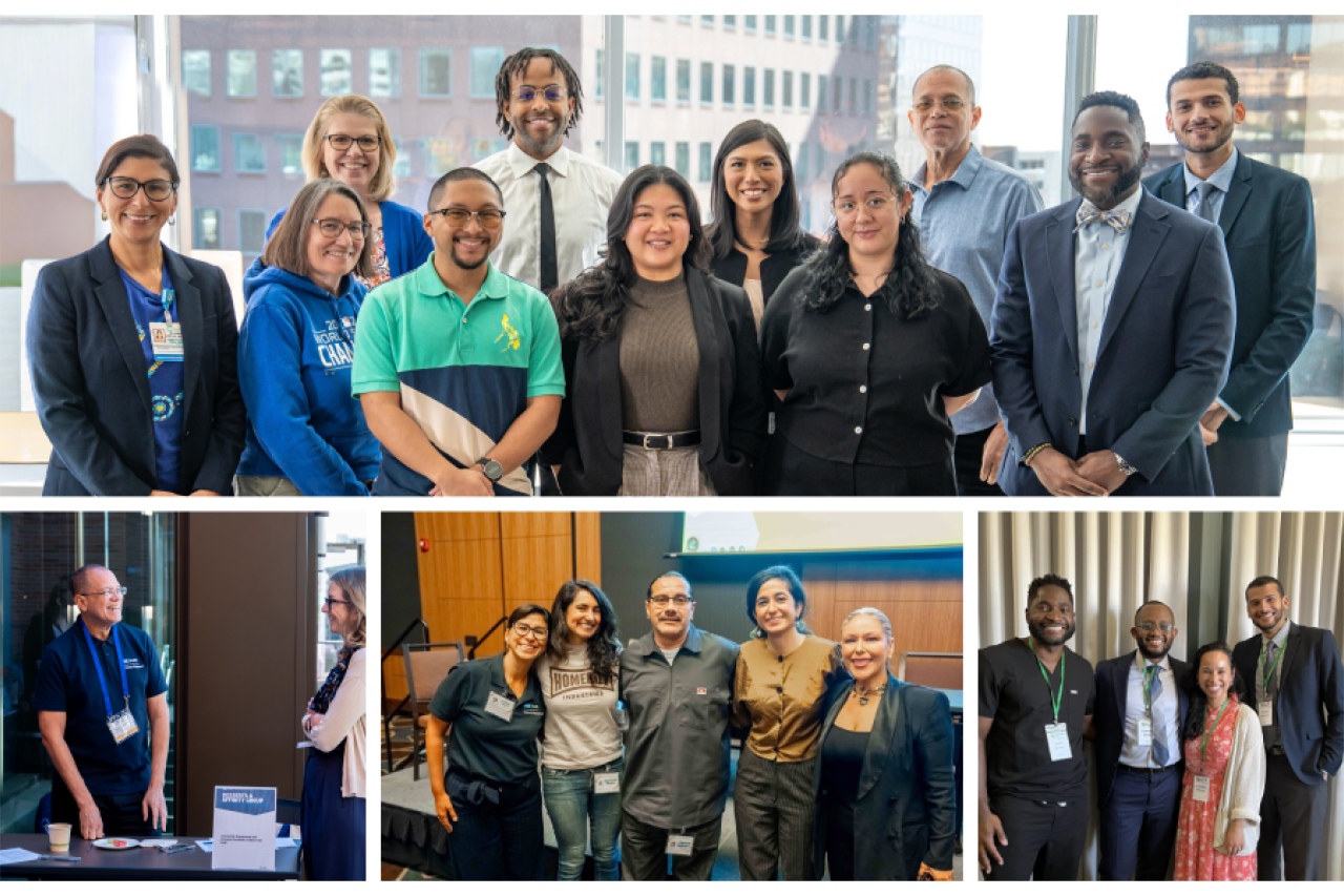 Diverse professional team portrait above three smaller workplace group photos