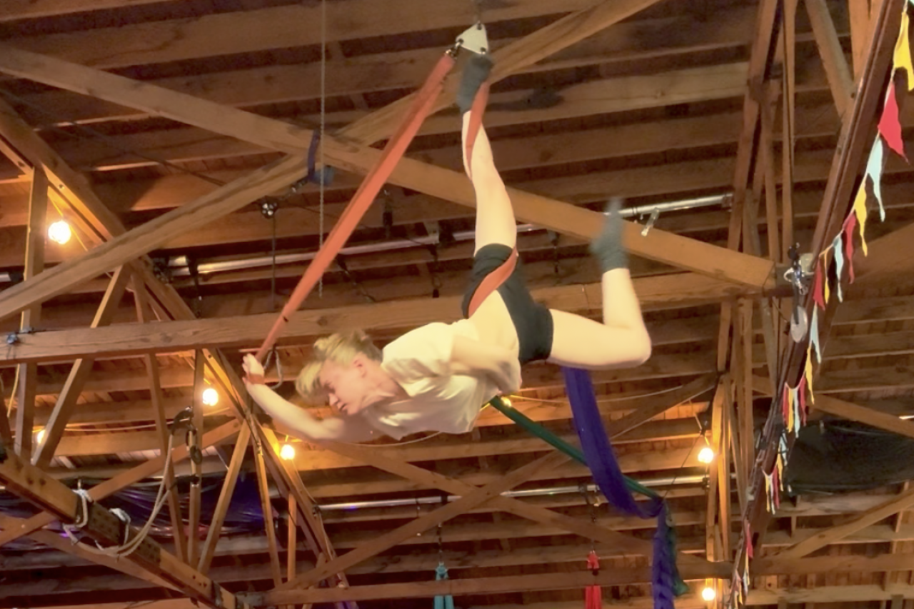 Rachel Tatem practices her aerialist performance