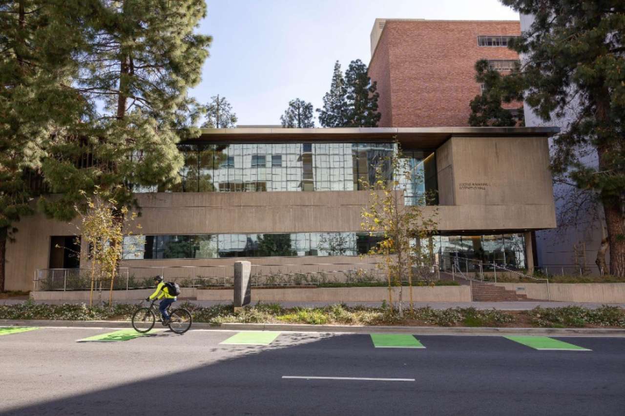 the rosenfeld hall building across a street with a bike rider in the forefront