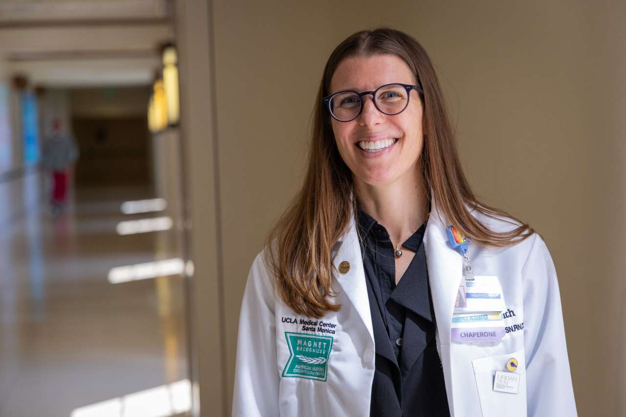 Nurse Kelsey Zwang in hospital hallway