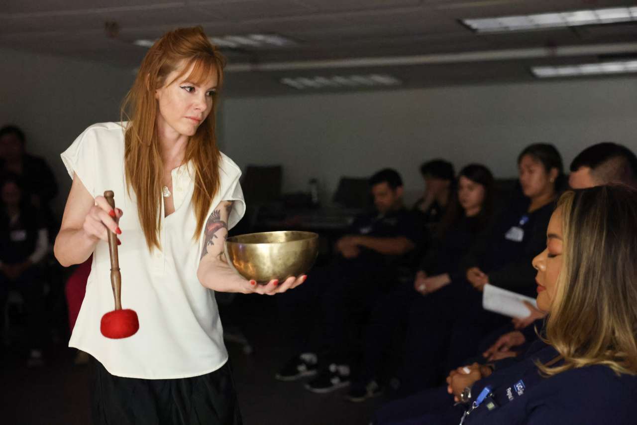 Clinical nurse Adrienne Bawa provides sound therapy to new nurses. 