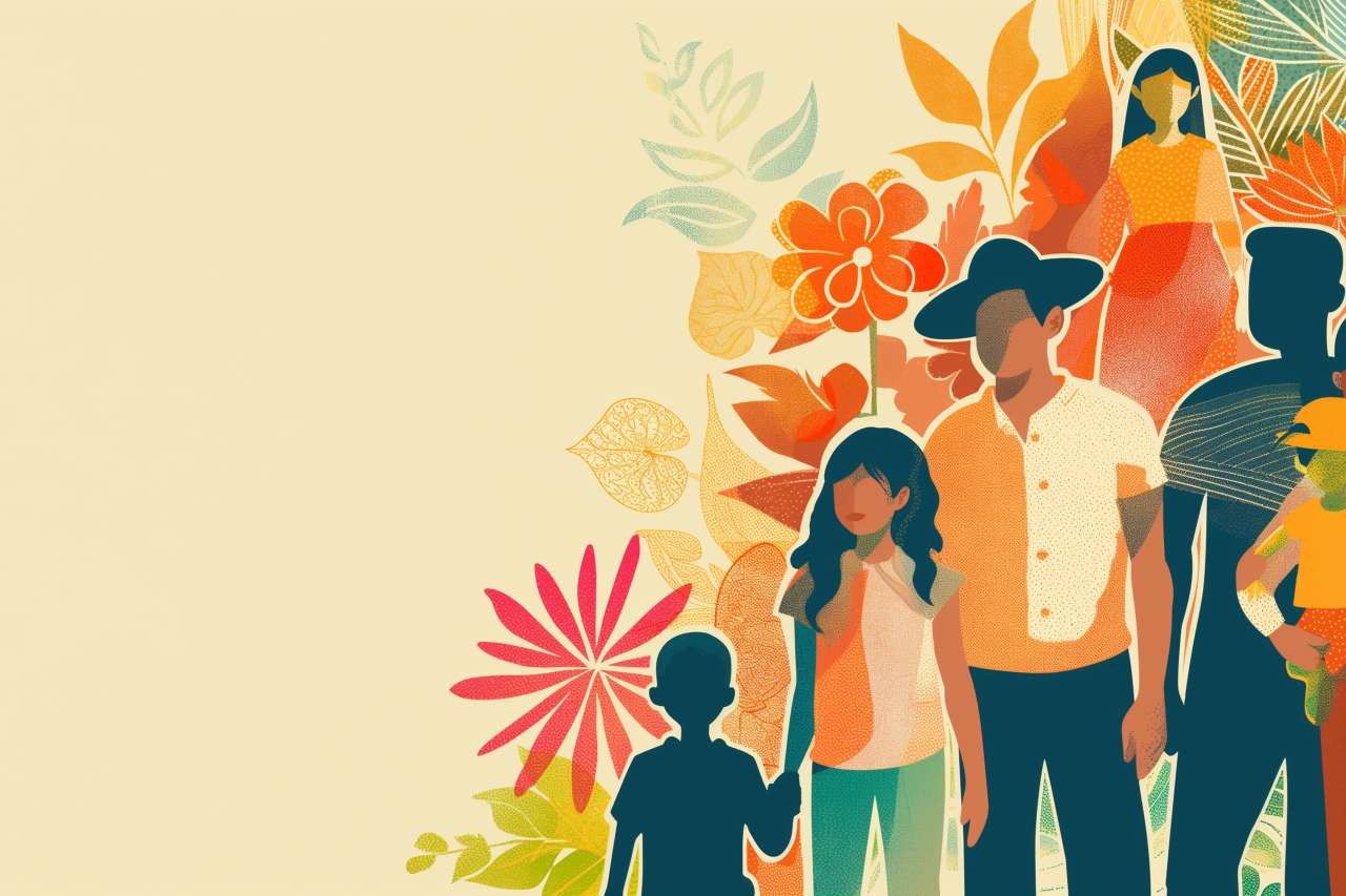 Diverse multigenerational group standing together beside colorful foliage.