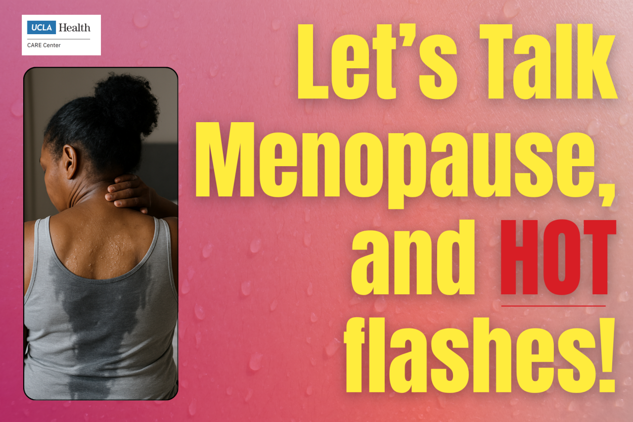Smartphone photo of a woman seen from behind beside large text about menopause and hot flashes
